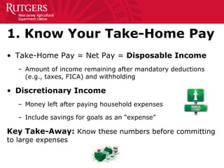 1. Know Your Take-Home Pay
• Take-Home Pay = Net Pay = Disposable Income
– Amount of income remaining after mandatory dedu...