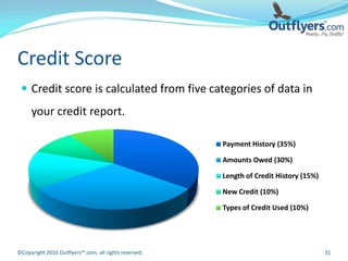 Credit Score
  Credit score is calculated from five categories of data in
     your credit report.

                                                       Payment History (35%)

                                                       Amounts Owed (30%)

                                                       Length of Credit History (15%)

                                                       New Credit (10%)

                                                       Types of Credit Used (10%)




©Copyright 2010 Outflyers™.com, all rights reserved.                                    31
 
