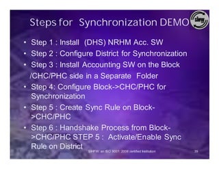 Steps for Synchronization DEMO
• Step 1 : Install (DHS) NRHM Acc. SW
• Step 2 : Configure District for Synchronization
• Step 3 : Install Accounting SW on the Block
  /CHC/PHC side in a Separate Folder
• Step 4: Configure Block->CHC/PHC for
   Synchronization
• Step 5 : Create Sync Rule on Block-
   >CHC/PHC
• Step 6 : Handshake Process from Block-
   >CHC/PHC STEP 5 : Activate/Enable Sync
   Rule on District SIHFW: an ISO 9001: 2008 certified Institution   39
 