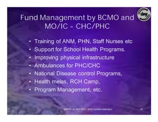 Fund Management by BCMO and
      MO/IC - CHC/PHC

  •   Training of ANM, PHN, Staff Nurses etc
  •   Support for School Health Programs.
  •   Improving physical infrastructure
  •   Ambulances for PHC/CHC
  •   National Disease control Programs,
  •   Health melas, RCH Camp,
  •   Program Management, etc.


                 SIHFW: an ISO 9001: 2008 certified Institution   48
 