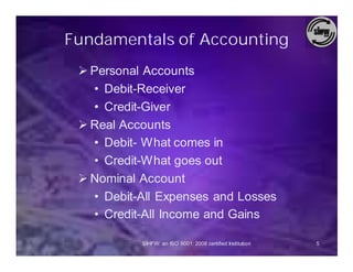 Fundamentals of Accounting
 Ø Personal Accounts
   • Debit-Receiver
   • Credit-Giver
 Ø Real Accounts
   • Debit- What comes in
   • Credit-What goes out
 Ø Nominal Account
   • Debit-All Expenses and Losses
   • Credit-All Income and Gains

           SIHFW: an ISO 9001: 2008 certified Institution   5
 