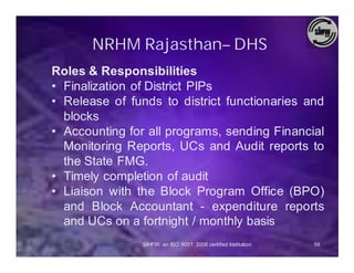 NRHM Rajasthan– DHS
Roles & Responsibilities
• Finalization of District PIPs
• Release of funds to district functionaries and
  blocks
• Accounting for all programs, sending Financial
  Monitoring Reports, UCs and Audit reports to
  the State FMG.
• Timely completion of audit
• Liaison with the Block Program Office (BPO)
  and Block Accountant - expenditure reports
  and UCs on a fortnight / monthly basis
                SIHFW: an ISO 9001: 2008 certified Institution   58
 