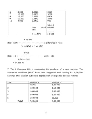 6        8,000             0.4323            3458
    7        10,000            0.3759            3759
    8        15,000            0.3269            4904
    9        10,000            0.2843            2843
    10       4,000             0.2472            989
                                                 --------
                                                 39,418
                               Less      Initial 40,000
                               Invt.
                                                    --------
                               (-)ve NPV            (-) 582


                     + ve NPV
IRR= LRR+ ------------------------------ x difference in rates
                (+ ve NPV) + (- ve NPV)


                     8,963
IRR= 10 + ------------------------------ x (15 - 10)
             8,963 + 582
         = 14.695 %


7. The L Company Ltd, is considering the purchase of a new machine. Two
alternative machines (A&B0 have been suggested each costing Rs. 4,00,000.
Earnings after taxation but before depreciation are expected to be as follows:


Year                         Machine A                   Machine B
1                            40,000                      1,20,000
2                            1,20,000                    1,60,000
3                            1,60,000                    2,00,000
4                            2,40,000                    1,20,000
5                            1,60,000                    80,000
             Total           7,20,000                    6,80,000




                                              117
 