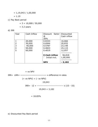 = 1,19,043 / 1,00,000
      = 1.19
c) Pay Back period
             = 3 + 10,000 / 50,000
             = 3.2 years
d) IRR
         Year      Cash Inflow        Discount   factor Discounted
                                      @                 Cash inflow
                                      20%
         1         20,000             0.8333            16,666
         2         30,000             0.6944            20,832
         3          40,000            0.5787            23,148
         4         50,000             0.4823            24,115
         5         60,000             0.4019            12,057
                                                        ------------
                                      ∑ Cash inflow       96,818
                                      - Initial invt.   1,00,000
                                                        ------------
                                      NPV               - 3,182



                  + ve NPV
IRR= LRR+ ------------------------------ x difference in rates
                (+ ve NPV) + (- ve NPV)
                                      19,043
                  IRR= 12 + ------------------------------ x (15 - 10)
                                 19,043 + 3,182


                           = 18.85%




e) Discounted Pay Back period


                                          121
 