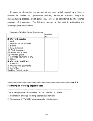 In order to determine the amount of working capital needed by a firm, a
number of factors viz., production policies, nature of business, length of
manufacturing process, credit policy etc., are to be considered by the finance
manager of a company. The following format can be uses in estimating the
working capital requirement.


   Statement of Working Capital Requirements
                                               Amount
                                               Rs
A. Current assets:
1. cash
2. Debtors or Receivables
3. Stocks
 i) Raw materials
 ii) Work in process
iii) Stores and spares
iv) Finished goods
4. Advance payment, if any
5. Others
B. Current Liabilities:
1. Creditors
2. Outstanding payments
3. Any other
Working Capital (A-B)




-------------------------------------------------------------------------------4.2.4
Financing of working capital needs
--------------------------------------------------------------------------
The working capital of a concern can be classified in to two:
1. Permanent or Fixed working capital requirement.
2. Temporary or Variable working capital requirement.




                                               137
 