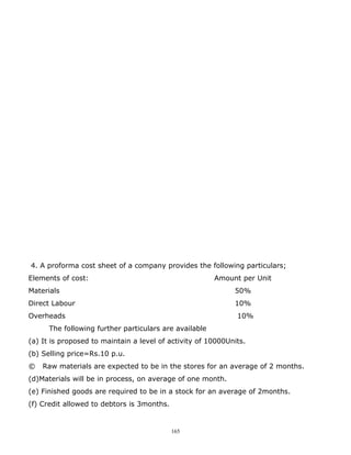 4. A proforma cost sheet of a company provides the following particulars;
Elements of cost:                                       Amount per Unit
Materials                                                    50%
Direct Labour                                                10%
Overheads                                                     10%
      The following further particulars are available
(a) It is proposed to maintain a level of activity of 10000Units.
(b) Selling price=Rs.10 p.u.
©   Raw materials are expected to be in the stores for an average of 2 months.
(d)Materials will be in process, on average of one month.
(e) Finished goods are required to be in a stock for an average of 2months.
(f) Credit allowed to debtors is 3months.


                                            165
 