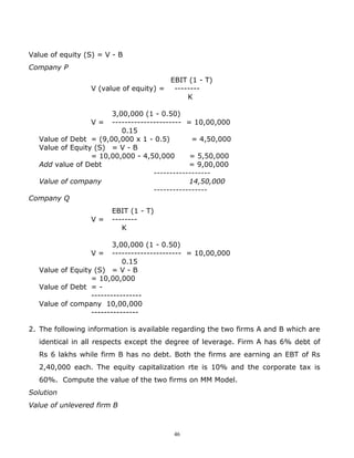Value of equity (S) = V - B
Company P
                                       EBIT (1 - T)
                 V (value of equity) = --------
                                           K

                      3,00,000 (1 - 0.50)
                 V=   ---------------------- = 10,00,000
                         0.15
  Value of Debt = (9,00,000 x 1 - 0.5)         = 4,50,000
  Value of Equity (S) = V - B
                 = 10,00,000 - 4,50,000       = 5,50,000
  Add value of Debt                           = 9,00,000
                                   ------------------
  Value of company                            14,50,000
                                   -----------------
Company Q
                       EBIT (1 - T)
                 V=    --------
                          K

                        3,00,000 (1 - 0.50)
                 V = ---------------------- = 10,00,000
                           0.15
  Value of Equity (S) = V - B
                 = 10,00,000
  Value of Debt = -
                 ----------------
  Value of company 10,00,000
                 ---------------

2. The following information is available regarding the two firms A and B which are
  identical in all respects except the degree of leverage. Firm A has 6% debt of
  Rs 6 lakhs while firm B has no debt. Both the firms are earning an EBT of Rs
  2,40,000 each. The equity capitalization rte is 10% and the corporate tax is
  60%. Compute the value of the two firms on MM Model.
Solution
Value of unlevered firm B



                                         46
 