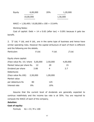 Equity              6,00,000         20%                       1,20,000
                   -----------                                ----------
                   10,00,000                                  1,56,000
                   -------------                              -------------

      WACC = 1,56,400 / 10,00,000 x 100 = 15.64%

      Working Notes:
      Cost of capital: Debt = 14 x 0.65 (after tax) = 0.091 because it gets tax
benefit.


2. 'Z' Ltd, Y Ltd, and X Ltd., are in the same type of business and hence have
similar operating risks. However the capital str5ucture of each of them is different
and the following are the details.
Particulars                      X Ltd.              Y Ltd.                Z Ltd.


Equity share capital:
(Face value Rs. 10 / share      5,00,000   2,50,000                4,00,000
Market Value per share Rs.       12             20                     15
Dividend per share            2.88              4                    2.7
Debentures
(Face value Rs.100)     2,50,000           1,00,000
Market value
per debenture Rs           80                   125
Interest rate            8%                     10%


      Assume that the current level of dividends are generally expected to
continue indefinitely and the income tax rate is at 50%. You are required to
compute the WACC of each of the company.
Solution:
Cost of equity:
      Formula      Ke = D / M x 100


                                           63
 