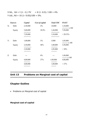 X ltd., Kd = I (1 - t) / FV        = 8 (1 -0.5) / 100 = 4%
Y Ltd., Kd = 10 (1- 0.05)/100 = 5%.


     Sources        Capital        Cost of capital         Total COC       WACC
X:       Debt       2,50,000              4%               10,000          1,54,000
                                                                           ---------- x 100
         Equity     5,00,000              28.8%            1,44,000        7,50,000
                    -----------                            -------------
                    7,50,000                               1,54,000        = 20.53%
                    -----------                            -------------

Y:       Debt       1,00,000              5%               5,000           1,05,000
                                                                           --------- x 100
         Equity     2,50,000              40%              1,00,000        3,50,000
                    ------------                           ----------
                    3,50,000                               1,05,000        = 30%
                    -----------                            ---------

Z:       Debt         ---                 0%                 ---           1,08,000
                                                                           -------- x 100
         Equity     4,00,000              27%             1,08,000         4,00,000
                    ----------                             ---------
                    4,00,000                               1,08,000        = 27%
                    ----------                             --------


     -------------------------------------------------------------
     Unit 13      Problems on Marginal cost of capital
     -------------------------------------------------------------


     Chapter Outline


     •   Problems on Marginal cost of capital




     Marginal cost of capital




                                                     65
 