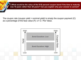 3.What would be the value of the 91/8 percent coupon bond if the time to maturity
was 10 years rather than 26 years? Can you explain why your answer is correct?
The coupon rate (coupon yield = nominal yield) is simply the coupon payment (C)
as a percentage of the face value (F): c= C / Par Value.
 