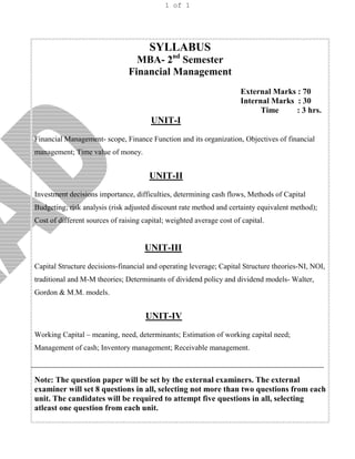 SYLLABUS
MBA- 2nd
Semester
Financial Management
External Marks : 70
Internal Marks : 30
Time : 3 hrs.
UNIT-I
Financial Management- scope, Finance Function and its organization, Objectives of financial
management; Time value of money.
UNIT-II
Investment decisions importance, difficulties, determining cash flows, Methods of Capital
Budgeting; risk analysis (risk adjusted discount rate method and certainty equivalent method);
Cost of different sources of raising capital; weighted average cost of capital.
UNIT-III
Capital Structure decisions-financial and operating leverage; Capital Structure theories-NI, NOI,
traditional and M-M theories; Determinants of dividend policy and dividend models- Walter,
Gordon & M.M. models.
UNIT-IV
Working Capital – meaning, need, determinants; Estimation of working capital need;
Management of cash; Inventory management; Receivable management.
Note: The question paper will be set by the external examiners. The external
examiner will set 8 questions in all, selecting not more than two questions from each
unit. The candidates will be required to attempt five questions in all, selecting
atleast one question from each unit.
1 of 1
 