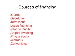 Sources of financing
lShares
lDebetures
lTerm loans
lLease financing
lVenture Capital
lAngeel investing
lPrivate equity
lWarrants
lConvertibles
 