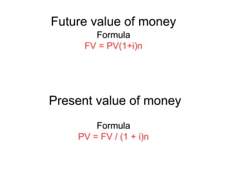 Future value of money
Formula
FV = PV(1+i)n
Present value of money
Formula
PV = FV / (1 + i)n
 