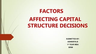 FACTORS
AFFECTING CAPITAL
STRUCTURE DECISIONS
SUBMITTED BY:
AISWARYA.B
1st YEAR MBA
BRIM
 