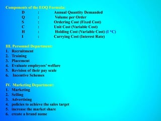 Components of the EOQ Formula:
D : Annual Quantity Demanded
Q : Volume per Order
S : Ordering Cost (Fixed Cost)
C : Unit Cost (Variable Cost)
H : Holding Cost (Variable Cost) (I *C)
I : Carrying Cost (Interest Rate)
III. Personnel Department:
1. Recruitment
2. Training
3. Placement
4. Evaluate employees’ welfare
5. Revision of their pay scale
6. Incentive Schemes
IV. Marketing Department:
1. Marketing
2. Selling
3. Advertising
4. policies to achieve the sales target
5. increase the market share
6. create a brand name
 