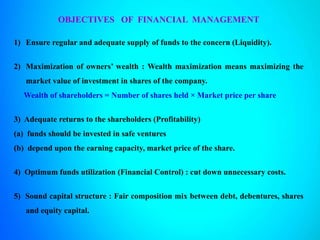 OBJECTIVES OF FINANCIAL MANAGEMENT
1) Ensure regular and adequate supply of funds to the concern (Liquidity).
2) Maximization of owners’ wealth : Wealth maximization means maximizing the
market value of investment in shares of the company.
Wealth of shareholders = Number of shares held × Market price per share
3) Adequate returns to the shareholders (Profitability)
(a) funds should be invested in safe ventures
(b) depend upon the earning capacity, market price of the share.
4) Optimum funds utilization (Financial Control) : cut down unnecessary costs.
5) Sound capital structure : Fair composition mix between debt, debentures, shares
and equity capital.
 
