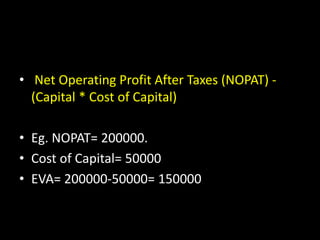 The formula for calculating EVA is as follows:
• Net Operating Profit After Taxes (NOPAT) -
(Capital * Cost of Capital)
• Eg. NOPAT= 200000.
• Cost of Capital= 50000
• EVA= 200000-50000= 150000
 