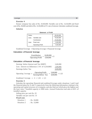 Leverage 91
Exercise 4
Kumar company has sales of Rs. 25,00,000. Variable cost of Rs. 12,50,000 and fixed
cost of Rs. 50,000 and debt of Rs. 12,50,000 at 8% rate of interest. Calculate combined leverage.
Solution
Statement of Profit
Sales 25,00,000
Less: Variable cost 15,00,000
Contribution 10,00,000
Less: Fixed cost 5,00,000
Operating Profit 5,00,000
Combined leverage =Operating leverage×Financial leverage
Calculation of financial leverage
Contribution 10,00,000
2
Operating Profit 5,00,000
= =
Calculation of financial leverage
Earning before Interest and Tax (EBIT) 5,00,000
Less: Interest on Debenture ( 8% of 12,50,000) 1,00,000
Earnings before Tax 4,00,000
Operating leverage = =
Operating Profit 5,00,000
Earning Before Tax 4,00,000
=1.25
Combined leverage = 2 × 1.25 = 2.5
Exercise 5
Calculate the operating, financial and combined leverage under situations 1 and 2 and
the financial plans for X and Y respectively from the following information relating to the
operating and capital structure of a company, and also find out which gives the highest and
the least value ? Installed capacity is 5000 units. Annual Production and sales at 60% of
installed capacity.
Selling price per unit Rs. 25
Variable cost per unit Rs. 15
Fixed cost:
Situation 1 : Rs. 10,000
Situation 2 : Rs. 12,000
 