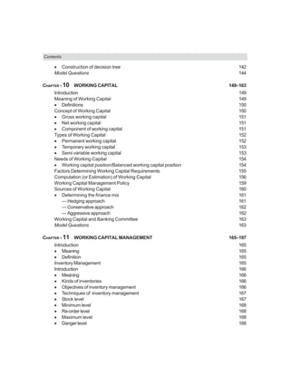 Contents
• Construction of decision tree 142
Model Questions 144
CHAPTER - 10 WORKING CAPITAL 149–163
Introduction 149
Meaning of Working Capital 149
• Definitions 150
Concept of Working Capital 150
• Gross working capital 151
• Net working capital 151
• Component of working capital 151
Types of Working Capital 152
• Permanent working capital 152
• Temporary working capital 153
• Semi variable working capital 153
Needs of Working Capital 154
• Working capital position/Balanced working capital position 154
Factors Determining Working Capital Requirements 155
Computation (or Estimation) of Working Capital 156
Working Capital Management Policy 159
Sources of Working Capital 160
• Determining the finance mix 161
— Hedging approach 161
— Conservative approach 162
—Aggressive approach 162
Working Capital and Banking Committee 163
Model Questions 163
CHAPTER - 11 WORKING CAPITAL MANAGEMENT 165–197
Introduction 165
• Meaning 165
• Definition 165
Inventory Management 165
Introduction 166
• Meaning 166
• Kinds of inventories 166
• Objectives of inventory management 166
• Techniques of inventory management 167
• Stock level 167
• Minimum level 168
• Re-order level 168
• Maximum level 168
• Danger level 168
 