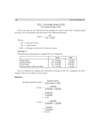 94 Financial Management
WCL = Percentage Change in ROI
Percentage Change is WC
If the earnings are not affected by the changes in current assets, the working capital
leverage can be calculated with the help of the following formula.
WCL =
CA
TA DCA
±
Where,
CA = Current Assets
TA = Total Assets
DCA = Changes in the level of Current Assets
Exercise 7
The following information is available for two companies.
X Ltd. Y Ltd.
Fixed Assets Rs. 4,00,000 1,00,000
Current Assets Rs. 10,00,000 4,00,000
Total Assets Rs. 14,00,000 14,00,000
Earning before interest and taxes Rs. 1,50,000 1,50,000
You are required to compare the sensitivity earnings of the two companies for 30%
charge in the level of their current assets.
Solution
Working capital leverage =
Current Assets
Total Assets DCA
±
X Ltd. =
1,00,000
14,00,000 – 3,00,000
=
10,00,000
11,00,000
= 0 .90
Y Ltd. =
4,00,000
14,00,000 – 1,20,000
=
4,00,000
12,80,000
= 0.3125
 