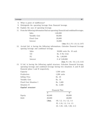 Leverage 97
8. What is point of indifference?
9. Distinguish the operating leverage from financial leverage.
10. Explain the uses of operating leverage.
11. From the following information find out operating, financial and combined leverages.
Sales 1,00,000
Variable Cost 60,000
Fixed Cost 20,000
Interest 10,000
(Ans. OL 2, FL 1.33, LL 2.67)
12. Arvind Ltd. is having the following informations. Calculate financial leverage
opening leverage and combined leverage.
Sales 50,000 units Rs. 10 each
UC Rs. 6 Per Unit
FC Rs. 1,00,000
Interest 8 of 5,00,000
(Ans. FL 1.66, OL 2, CL 3.33)
13. X Ltd. is having the following capital structure. Calculate financial leverage,
operating leverage and combined leverage having two situations A and B and
financial plans I and II respectively.
Capacity 1,500 units
Production 1,200 units
Selling Price Rs. 25
Variable Cost Rs. 18
Fixed Cost Situation I Rs. 1,400
Situation II Rs. 2,400
Capital structure
Financial Plan
A B
Equity 80,000 60,000
Debt 20,000 40,000
(Ans. OL 1.2, 1.4, 1.2, 1.4
FL 1.16, 1.2, 1.4, 1.5
CL 1.39, 1.68, 1.68, 2.1)
 