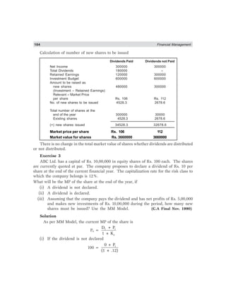 104 Financial Management
Calculation of number of new shares to be issued
Dividends Paid Dividends not Paid
Net Income 300000 300000
Total Dividends 180000 –
Retained Earnings 120000 300000
Investment Budget 600000 600000
Amount to be raised as
new shares 480000 300000
(Investment – Retained Earnings)
Relevant – Market Price
per share Rs. 106 Rs. 112
No. of new shares to be issued 4528.3 2678.6
Total number of shares at the
end of the year 300000 30000
Existing shares 4528.3 2678.6
(+) new shares issued 34528.3 32678.6
Market price per share Rs. 106 112
Market value for shares Rs. 3660000 3660000
There is no change in the total market value of shares whether dividends are distributed
or not distributed.
Exercise 3
ABC Ltd. has a capital of Rs. 10,00,000 in equity shares of Rs. 100 each. The shares
are currently quoted at par. The company proposes to declare a dividend of Rs. 10 per
share at the end of the current financial year. The capitalization rate for the risk class to
which the company belongs is 12%.
What will be the MP of the share at the end of the year, if
(i) A dividend is not declared.
(ii) A dividend is declared.
(iii) Assuming that the company pays the dividend and has net profits of Rs. 5,00,000
and makes new investments of Rs. 10,00,000 during the period, how many new
shares must be issued? Use the MM Model. (C.A Final Nov. 1990)
Solution
As per MM Model, the current MP of the share is
Po = 1 1
e
D + P
1 + K
(i) If the dividend is not declared
100 = 1
0 + P
(1 + .12)
 