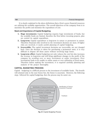 120 Financial Management
It is clearly explained in the above definitions that a firm’s scarce financial resources
are utilizing the available opportunities. The overall objectives of the company from is to
maximize the profits and minimize the expenditure of cost.
Need and Importance of Capital Budgeting
1. Huge investments: Capital budgeting requires huge investments of funds, but
the available funds are limited, therefore the firm before investing projects, plan
are control its capital expenditure.
2. Long-term: Capital expenditure is long-term in nature or permanent in nature.
Therefore financial risks involved in the investment decision are more. If higher
risks are involved, it needs careful planning of capital budgeting.
3. Irreversible: The capital investment decisions are irreversible, are not changed
back. Once the decision is taken for purchasing a permanent asset, it is very
difficult to dispose off those assets without involving huge losses.
4. Long-term effect: Capital budgeting not only reduces the cost but also increases
the revenue in long-term and will bring significant changes in the profit of the
company by avoiding over or more investment or under investment. Over
investments leads to be unable to utilize assets or over utilization of fixed assets.
Therefore before making the investment, it is required carefully planning and
analysis of the project thoroughly.
CAPITAL BUDGETING PROCESS
Capital budgeting is a difficult process to the investment of available funds. The benefit
will attained only in the near future but, the future is uncertain. However, the following
steps followed for capital budgeting, then the process may be easier are.
Identification of Various Investments
Evaluation of Proposals
Fixing Property
Final Approval
Implementation
Identification of Various
Investment Proposals
Feedback
Steps
Screening or Matching the Available Resources
Fig. 9.1 Capital Budgeting Process
 
