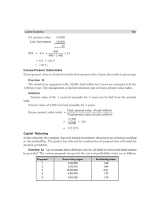 Capital Budgeting 135
8% present value 15,960
Less: Investment 16,000
–40
IRR = 6% +
840
840 – (–40)
×2%
= 6% +1.91%
= 7.91%.
Excess Present Value Index
Excess present value is calculated on basis of net present value. It gives the results in percentage.
Exercise 11
The initial of an equipment is Rs. 10,000. Cash inflow for 5 years are estimated to be Rs.
3,500 per year. The management is desired minimum rate of excess present value index.
Solution
Present value of Rs. 1 received annually for 5 years can be had form the annuity
table.
Present value of 3,500 received annually for 5 years.
Excess present value index =
Total present value of cash inflows
Total present value of cash outflows
=
11,732
10,000 × 100
= 117,32%
Capital Rationing
In the rationing the company has only limited investment the project are selected according
to the profitability. The project has selected the combination of proposal that will yield the
greatest portability.
Exercise 12 Let us assume that a firm has only Rs. 20 lakhs to invest and funds cannot
be provided. The various proposals along with the cost and profitability index are as follows.
Proposal Pool of the project Profitability Index
1 6,00,000 1.46
2 2,00,000 .098
3 10,00,000 2.31
4 4,00,000 1.32
5 3,00,000 1.25
 