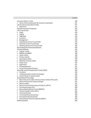 Contents
Insurance Sector in India 240
• Some of the private sector life insurance corporation 241
Life Insurance Corporation of India 241
• Role of LIC 241
General Insurance Companies 242
Unit Trust of India 243
• Origin 243
• Capital 243
• Objectives 243
• Functions 243
• Management 244
• Subsidiaries of Unit Trust of India 244
• Schemes of Unit Trust of India 244
• Working result of Unit Trust of India 244
Non-banking Non-financial Institutions 245
Financial Markets 245
• Capital market 246
• MIBOR and MIBID 248
• Share market 248
• Primary market 248
• Secondary market 249
• Methods of raising capital 250
• Public issue 251
• Right Issue 251
• Private placement 251
• GroupA and group B shares 252
Securities and Exchange Board of India (SEBI) 252
• Functions 252
• Trading procedure at stock exchanges 253
• Recent trends in capital market 253
Share Market Terminology 255
• Main share price index in famous share market of the world 257
• Name of share price indices changed 257
• Money market 257
• Discount and Finance House of India Ltd. (DFHI) 260
• Commercial Paper (CP) 260
• Money Market Mutual Funds (MMMFs) 261
• Venture Capital Funds (VCFs) 262
• Financial services 262
• Fund based financial services 262
• Fee based financial services 262
• Non-banking Finance Companies (NBFC) 263
Model Questions 264
 