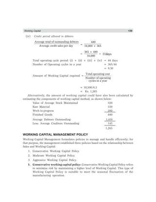 Working Capital 159
(iv) Credit period allowed to debtors:
Average total of outstanding debtors
Average credit sales per day =
480
16,000 × 365
=
365 × 480
16,000
= 11days
Total operating cycle period: (i) + (ii) + (iii) + (iv) = 44 days
Number of Operating cycles in a year = 365/44
= 8.30
Amount of Working Capital required =
Total operating cost
Number of operating
cycles in a year
= 10,500/8.3
= Rs. 1,265
Alternatively, the amount of working capital could have also been calculated by
estimating the components of working capital method, as shown below:
Value of Average Stock Maintained 320
Raw Material 350
Work-in-progress 260
Finished Goods 480
Average Debtors Outstanding: 1,410
Less: Average Creditors Outstanding 145
1,265
WORKING CAPITAL MANAGEMENT POLICY
Working Capital Management formulates policies to manage and handle efficiently; for
that purpose, the management established three policies based on the relationship between
Sales and Working Capital.
1. Conservative Working Capital Policy.
2. Moderate Working Capital Policy.
3. Aggressive Working Capital Policy.
1. Conservative working capital policy: Conservative Working Capital Policy refers
to minimize risk by maintaining a higher level of Working Capital. This type of
Working Capital Policy is suitable to meet the seasonal fluctuation of the
manufacturing operation.
 