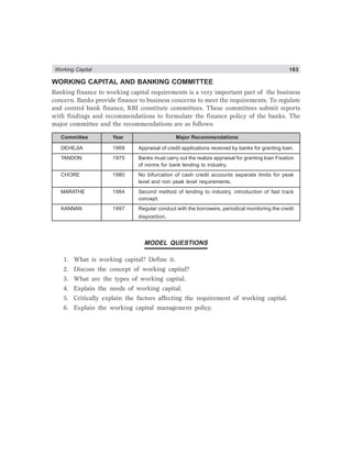 Working Capital 163
WORKING CAPITAL AND BANKING COMMITTEE
Banking finance to working capital requirements is a very important part of the business
concern. Banks provide finance to business concerns to meet the requirements. To regulate
and control bank finance, RBI constitute committees. These committees submit reports
with findings and recommendations to formulate the finance policy of the banks. The
major committee and the recommendations are as follows:
Committee Year Major Recommendations
DEHEJIA 1969 Appraisal of credit applications received by banks for granting loan.
TANDON 1975 Banks must carry out the realize appraisal for granting loan Fixation
of norms for bank lending to industry.
CHORE 1980 No bifurcation of cash credit accounts separate limits for peak
level and non peak level requirements.
MARATHE 1984 Second method of lending to industry, introduction of fast track
concept.
KANNAN 1997 Regular conduct with the borrowers, periodical monitoring the credit
disposition.
MODEL QUESTIONS
1. What is working capital? Define it.
2. Discuss the concept of working capital?
3. What are the types of working capital.
4. Explain the needs of working capital.
5. Critically explain the factors affecting the requirement of working capital.
6. Explain the working capital management policy.
 