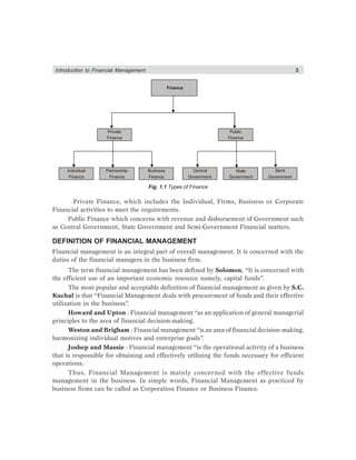 Introduction to Financial Management 3
Finance
Private
Finance
Public
Finance
Individual
Finance
Partnership
Finance
Business
Finance
Central
Government
State
Government
Semi
Government
Fig. 1.1 Types of Finance
Private Finance, which includes the Individual, Firms, Business or Corporate
Financial activities to meet the requirements.
Public Finance which concerns with revenue and disbursement of Government such
as Central Government, State Government and Semi-Government Financial matters.
DEFINITION OF FINANCIAL MANAGEMENT
Financial management is an integral part of overall management. It is concerned with the
duties of the financial managers in the business firm.
The term financial management has been defined by Solomon, “It is concerned with
the efficient use of an important economic resource namely, capital funds”.
The most popular and acceptable definition of financial management as given by S.C.
Kuchal is that “Financial Management deals with procurement of funds and their effective
utilization in the business”.
Howard and Upton : Financial management “as an application of general managerial
principles to the area of financial decision-making.
Weston and Brigham : Financial management “is an area of financial decision-making,
harmonizing individual motives and enterprise goals”.
Joshep and Massie : Financial management “is the operational activity of a business
that is responsible for obtaining and effectively utilizing the funds necessary for efficient
operations.
Thus, Financial Management is mainly concerned with the effective funds
management in the business. In simple words, Financial Management as practiced by
business firms can be called as Corporation Finance or Business Finance.
 