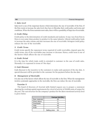 180 Financial Management
1. Sales Level
Sales level is one of the important factors which determines the size of receivable of the firm. If
the firm wants to increase the sales level, they have to liberalise their credit policy and terms and
conditions.Whenthefirmsmaintainmoresales,therewillbeapossibilityoflargesizeofreceivable.
2. Credit Policy
Credit policy is the determination of credit standards and analysis. It may vary from firm to
firm or even some times product to product in the same industry. Liberal credit policy leads
to increase the sales volume and also increases the size of receivable. Stringent credit policy
reduces the size of the receivable.
3. Credit Terms
Credit terms specify the repayment terms required of credit receivables, depend upon the
credit terms, size of the receivables may increase or decrease. Hence, credit term is one of
the factors which affects the size of receivable.
4. Credit Period
It is the time for which trade credit is extended to customer in the case of credit sales.
Normally it is expressed in terms of ‘Net days’.
5. Cash Discount
Cash discount is the incentive to the customers to make early payment of the due date. A
special discount will be provided to the customer for his payment before the due date.
6. Management of Receivable
It is also one of the factors which affects the size of receivable in the firm. When the management
involves systematic approaches to the receivable, the firm can reduce the size of receivable.
Exercise 4
The board of directors of Aravind mills limited request you to prepare a statement
showing the working capital requirements for a level of activity of 30,000 units of output for
the year. The cost structure for the company’s product for the above mentioned activity level
is given below.
Cost per Unit (Rs.)
Raw materials 20
Direct labour 5
Overheads 15
Total 40
Profit 10
Selling price 50
 