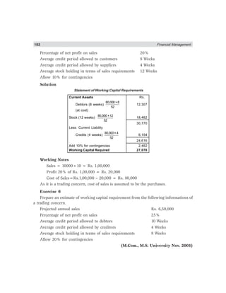 182 Financial Management
Percentage of net profit on sales 20%
Average credit period allowed to customers 8 Weeks
Average credit period allowed by suppliers 4 Weeks
Average stock holding in terms of sales requirements 12 Weeks
Allow 10% for contingencies
Solution
Statement of Working Capital Requirements
Current Assets Rs.
Debtors (8 weeks)
80,000×8
52
12,307
(at cost)
Stock (12 weeks)
80,000×12
52
18,462
30,770
Less: Current Liability
Credits (4 weeks)
80,000×4
52
6,154
24,616
Add 10% for contingencies 2,462
Working Capital Required 27,078
Working Notes
Sales = 10000×10 = Rs. 1,00,000
Profit 20% of Rs. 1,00,000 = Rs. 20,000
Cost of Sales=Rs.1,00,000 – 20,000 = Rs. 80,000
As it is a trading concern, cost of sales is assumed to be the purchases.
Exercise 6
Prepare an estimate of working capital requirement from the following informations of
a trading concern.
Projected annual sales Rs. 6,50,000
Percentage of net profit on sales 25%
Average credit period allowed to debtors 10 Weeks
Average credit period allowed by creditors 4 Weeks
Average stock holding in terms of sales requirements 8 Weeks
Allow 20% for contingencies
(M.Com., M.S. University Nov. 2001)
 
