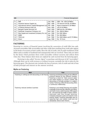 206 Financial Management
11. IDBI July. 1984 IDBI – Rs. 1823.32 Million
12. Industrial Venture Capital Ltd. Sep. 1996 TN Venture fund Rs. 90 Million
13. International Venture Capital Management Ltd. Feb. 1996 Nandi Investment $ 30 Million
14. JF Electra Advisors India Ltd. Aug. 1995 JFE–$ 24 Million
15. Marigold Capital Services Ltd. Aug. 1995 MM fund Rs. 200 Million
16. Pathfinder Investment Company Ltd. Nov. 1993 Rs. 299.50 Million
17. Risk Capital and Investment Company Pvt. Ltd. Jan. 1998 Rs.1000 Million
18. SIDBI Apl. 1990 Rs. 600 Million
19. TDICI Ltd. Jan. 1998 Rs. 5500 Million and $ 75 Million
20. Kitven Aug. 1998 Rs. 18 Crore
FACTORING
Factoring is a service of financial nature involving the conversion of credit bills into cash.
Accounts receivables, bills recoverables and other credit dues resulting from credit sales appear,
in the books of accounts as book credits. Here the risk of credit, risk of credit worthiness of the
debtor and as number of incidental and consequential risks are involved. These risks are taken
by the factor which purchase these credit receivables without recourse and collects them
when due. These balance-sheet items are replaced by cash received from the factoring agent.
Factoring is also called “Invoice Agent” or purchase and discount of all “receivables”.
Although these can be with recourse or without recourse, normally the risk is taken by the
factoring agent. The discount rate includes the loss of interest, risk of credit and risk of loss
of both principal and interest on the amount involved.
Myths on Factoring
Myth Fact
Factoring is nothing but bill discounting or bill finance Factoring and bill discounting are two different
products tailored for two different markets.
Factoring is meant for “Open account sales”
and caters largely to a buyer’s market. Bill
discounting is normally prevalent in a seller’s
market. Factoring unlike bill discounting offers
a continuous relationship.
Factoring reduces bankers business Factoring is not merely financing and includes
a package of services like collection and follow-
up of each invoice, credit insurance. MIS support
etc., and improves the health of bank’s clients,
improveds cash flow through factoring,
increases production cycles and need for more
working capital. Factoring essentially aims at
replacing high cost market credit and not
necessarily reduce bank finance.
Contd....
 