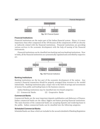 226 Financial Management
Financial System
Financial
Institutions
Financial
Markets
Financial
Services
Financial
Instruments
Fig. 13.1 Financial System
Financial Institutions
Financial institutions are the major part of the Indian financial system. Hence, it is more
importance than other component of the 1FS because all the components of IFS are directly
or indirectly related with the financial institutions. Financial institutions are providing
various services to the economic development with the help of issuing of the financial
instruments.
Financial institutions can be classified into banking and non-banking institutions. Now
in India, all the financial institutions are systematically regulated and controlled by respective
act.
.
Financial Institutions
Banking Non-banking
Non- anking
b
Non-financial
Institutions
Non- anking
b
Financial Institutions
Commercial
Banks
Cooperative
Banks
Fig. 13.2 Financial Institutions
Banking Institutions
Banking institutions are the key part of the economic development of the nation. Any
country’s financial transaction should be properly arranged from investors to the needed
industrialist. Banking institutions play a major role in the field of savings and investments
of money from public and lending loans to the business concern.
Indian Banking institutions may be classified into two board categories :
(1) Commercial Banks (2) Cooperative Banks
Commercial Banks
Commercial Banks are the most important deposits mobilisation and disbursers of finance.
Indian commercial banks are the oldest, biggest and fastest growing financial institutions.
The main function of the commercial banks are accepting deposits and rendering loans to
the public. Indian commercial banks can be classified into the following categories:
Scheduled Commercial Banks
Scheduled banks are those which are included in the second scheduled of Banking Regulation
 