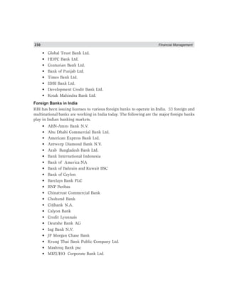 230 Financial Management
• Global Trust Bank Ltd.
• HDFC Bank Ltd.
• Centurian Bank Ltd.
• Bank of Punjab Ltd.
• Times Bank Ltd.
• IDBI Bank Ltd.
• Development Credit Bank Ltd.
• Kotak Mahindra Bank Ltd.
Foreign Banks in India
RBI has been issuing licenses to various foreign banks to operate in India. 33 foreign and
multinational banks are working in India today. The following are the major foreign banks
play in Indian banking markets.
• ABN-Amro Bank N.V.
• Abu Dhabi Commercial Bank Ltd.
• American Express Bank Ltd.
• Antwerp Diamond Bank N.V.
• Arab Bangladesh Bank Ltd.
• Bank International Indonesia
• Bank of America NA
• Bank of Bahrain and Kuwait BSC
• Bank of Ceylon
• Barclays Bank PLC
• BNP Paribas
• Chinatrust Commercial Bank
• Chohund Bank
• Citibank N.A.
• Calyon Bank
• Credit Lyonnais
• Deutshe Bank AG
• Ing Bank N.V.
• JP Morgan Chase Bank
• Krung Thai Bank Public Company Ltd.
• Mashreq Bank psc
• MIZUHO Corporate Bank Ltd.
 