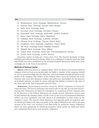 250 Financial Management
12. Bhubaneshwar Stock Exchange, Bhubaneshwar (Orissa)
13. Calcutta Stock Exchange, Calcutta (West Bengal)
14. Delhi Stock Exchange, Delhi.
15. Guwahati Stock Exchange, Guwahati (Assam)
16. Hyderabad Stock Exchange, Hyderabad (Andhra Pradesh)
17. Jaipur Stock Exchange, Jaipur (Rajasthan)
18. Ludhiana Stock Exchange, Ludhiana (Punjab)
19. Chennai Stock Exchange, Chennai (Tamil Nadu)
20. Coimbatore Stock Exchange, Coimbatore (Tamil Nadu)
21. MP Stock Exchange, Indore (Madhya Pradesh)
22. Magadh Stock Exchange, Patna (Bihar)
23. Capital Stock Exchange, Kerala Ltd. Tiruvananthapuram (Kerala)
24. Cochin Stock Exchange, Cochin (Kerala)
Secondary market in India got a boost when Over The Counter Exchange of India
(OTCEI) and National Stock Exchange (NSE) were established. It may be noted that NSE
and OTCEI have been established by the all India Financial Institution, while other stock
exchanges are in the form of associations.
Methods of Raising Capital
Shares: Otherwise known as ‘ordinary shares’ these are shares in the issued capital of
company which are held on terms that make the holder a ‘member’ of the company, entitled
to vote at annual meetings and elect directors, and to participate through dividends in the
profits of the company. The holders of the ordinary shares carry the residual risk of the
business: they rank after debenture holders and preference shareholders for the payment
of dividends and they are liable for losses, although this liability is limited to the value of
the share and to the limit of guarantee given by them.
Debentures: Fixed-interest securities issued by limited companies in return for
long-term loans. The term is sometimes also used to refer to any title on a secured interest–
bearing loan. Debentures are dated for redemption (i.e. repayment of their nominal value
by the borrower to the holder), debentures are usually secured. Debenture interest must
be paid whether the company makes a profit or not. In the event of non-payment debenture
holders can force liquidation and rank ahead of all shareholders in their claims on the
company’s assets. The interest which debentures bear depends partly on long-term rates
of interest prevailing at the time and partly on the type of debenture, but will in any case,
because of the lower risk involved is less than borne by preference shares. Debenture
shares are most appropriate for financing companies whose profits are stable and which
have substantial fixed assets, such property companies.
 