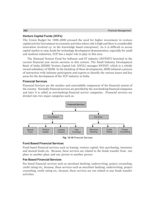 262 Financial Management
Venture Capital Funds (VCFs)
The Union Budget for 1999–2000 stressed the need for higher investment in venture
capital activity (investment in economic activities where risk is high and there is considerable
innovation involved e.g. in the knowledge based enterprises). As it is difficult to access
capital market to raise funds for technology development/demonstration, especially for small
and medium industries, VCF has a major role to play in this area.
The National Venture Fund for Software and IT industry (NVFSIT) launched in the
current financial year merits mention in this context. The Small Industry Development
Bank of India (SIDBI) Venture Capital Ltd. (SVCL) manages NVFSIT, which is a wholly
owned subsidiary of SIDBI. In the backdrop of these developments, SEBI initiated a process
of interaction with industry participants and experts to identify the various issues and key
areas for the development of the VCF industry in India.
Financial Services
Financial Services are the another and unavoidable component of the financial system of
the country. Normally financial services are provided by the non-banking financial companies
and later it is called as non-banking financial service companies. Financial services are
divided into two major categories such as:
Financial Services
Fund Based Fee Base
Mutual
Fund
Venture
Capital
Leasing
Finance
Hire
Purchase
Merchant
Banking
Credit
Rating
Project
Counselling
Fig. 13.10 Financial Services
Fund Based Financial Services
Fund based financial services such as leasing, venture capital, hire purchasing, insurance
and mutual funds etc. Because, these services are related to the funds transfer from one
place to another place and one person to another person.
Fee Based Financial Services
Fee based financial services such as merchant banking, underwriting, project counseling,
credit rating etc., because, these services such as merchant banking, underwriting, project
counseling, credit rating etc., because, these services are not related to any funds transfer
activities.
 