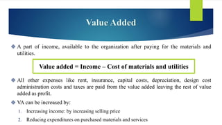 Value Added
 A part of income, available to the organization after paying for the materials and
utilities.
 All other expenses like rent, insurance, capital costs, depreciation, design cost
administration costs and taxes are paid from the value added leaving the rest of value
added as profit.
 VA can be increased by:
1. Increasing income: by increasing selling price
2. Reducing expenditures on purchased materials and services
Value added = Income – Cost of materials and utilities
 