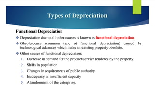 Types of Depreciation
Functional Depreciation
 Depreciation due to all other causes is known as functional depreciation.
 Obsolescence (common type of functional depreciation) caused by
technological advances which make an existing property obsolete.
 Other causes of functional depreciation:
1. Decrease in demand for the product/service rendered by the property
2. Shifts in population
3. Changes in requirements of public authority
4. Inadequacy or insufficient capacity
5. Abandonment of the enterprise.
 