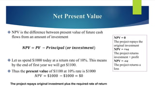 Net Present Value
 NPV is the difference between present value of future cash
flows from an amount of investment
𝑵𝑷𝑽 = 𝑷𝑽 − 𝑷𝒓𝒊𝒏𝒄𝒊𝒑𝒂𝒍 (𝒐𝒓 𝒊𝒏𝒗𝒆𝒔𝒕𝒎𝒆𝒏𝒕)
 Let us spend $1000 today at a return rate of 10%. This means
by the end of first year we will get $1100.
 Thus the present value of $1100 at 10% rate is $1000
𝑁𝑃𝑉 = $1000 − $1000 = $0
NPV = 0
The project repays the
original investment
NPV = +ve
The project returns
investment + profit
NPV = -ve
The project returns a
loss
The project repays original investment plus the required rate of return
 