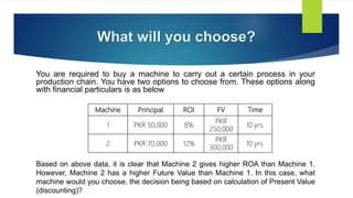 What will you choose?
You are required to buy a machine to carry out a certain process in your
production chain. You have two options to choose from. These options along
with financial particulars is as below
Machine Principal ROI FV Time
1 PKR 50,000 8%
PKR
250,000
10 yrs.
2 PKR 70,000 12%
PKR
300,000
10 yrs.
Based on above data, it is clear that Machine 2 gives higher ROA than Machine 1.
However, Machine 2 has a higher Future Value than Machine 1. In this case, what
machine would you choose, the decision being based on calculation of Present Value
(discounting)?
 
