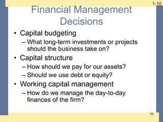 1-10
1-10
10
Financial Management
Decisions
• Capital budgeting
– What long-term investments or projects
should the busine...