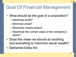 1-15
1-15
15
Goal Of Financial Management
• What should be the goal of a corporation?
– Maximize profit?
– Minimize costs?...