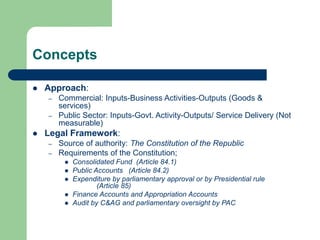 Concepts
 Approach:
– Commercial: Inputs-Business Activities-Outputs (Goods &
services)
– Public Sector: Inputs-Govt. Activity-Outputs/ Service Delivery (Not
measurable)
 Legal Framework:
– Source of authority: The Constitution of the Republic
– Requirements of the Constitution;
 Consolidated Fund (Article 84.1)
 Public Accounts (Article 84.2)
 Expenditure by parliamentary approval or by Presidential rule
(Article 85)
 Finance Accounts and Appropriation Accounts
 Audit by C&AG and parliamentary oversight by PAC
 