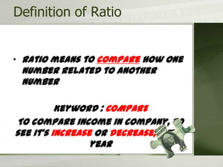 Definition of Ratio
„ Ratio means to compare how one
number related to another
number
Keyword : COMPARE
To compare income in company, to
see it’s increase or decrease, Every
year
 
