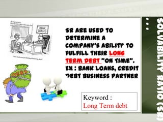 SolvabilityRatio(SR)
...
SR Are used to
determine a
company’s ability to
fulfill their Long
term debt “On Time”.
Ex : Bank Loans, credit
debt business partner
Keyword :
Long Term debt
 