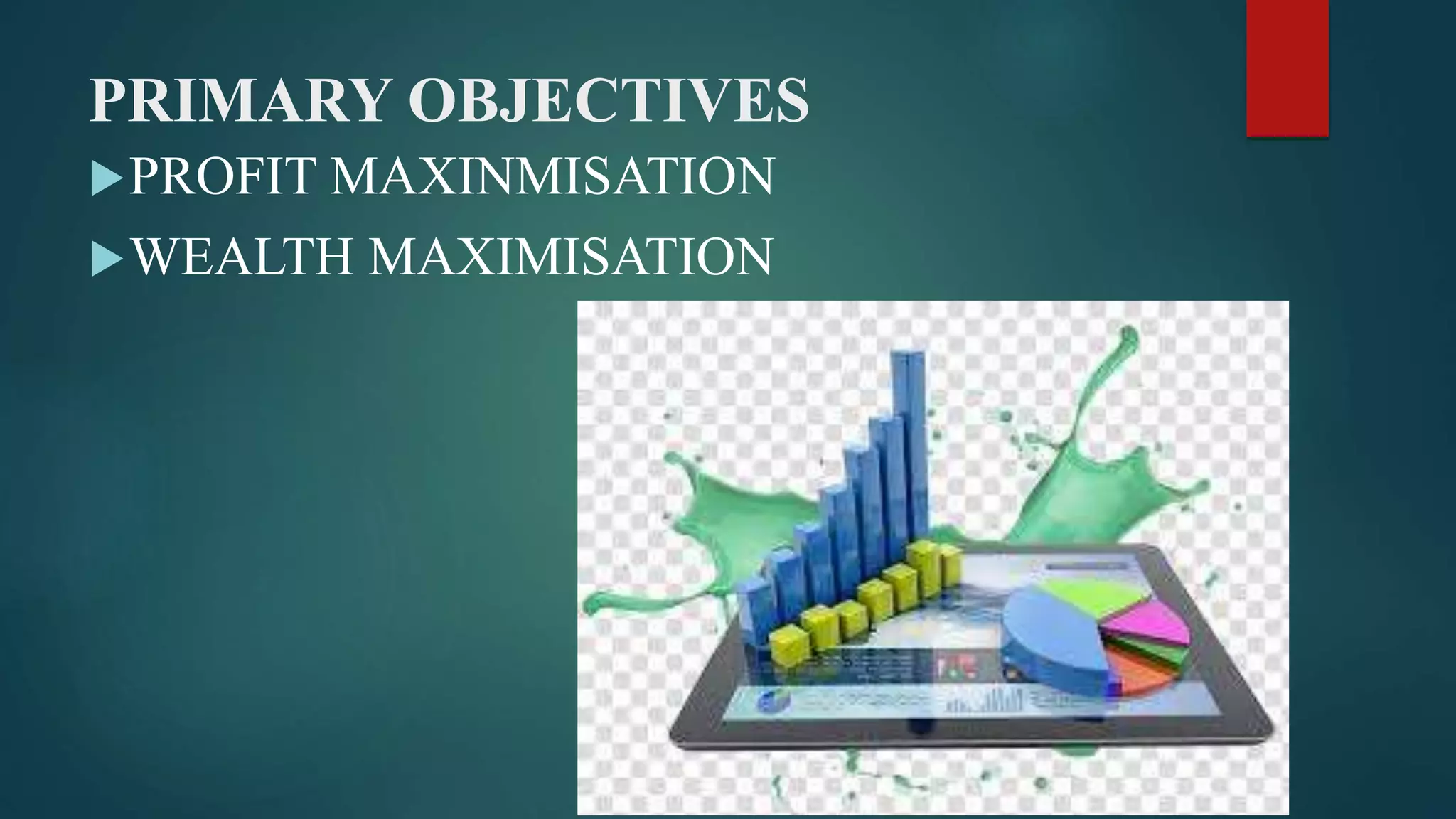 PRIMARY OBJECTIVES
PROFIT MAXINMISATION
WEALTH MAXIMISATION
 