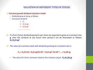VALUATIONOFDIFFERENTTYPESOFSTOCKS
 Constant growth dividend valuation model
 Dividends grow at rate g, as follows:
 End of year dividend:
1 D1
2 D1 (1+g)
3 D1(1+g)2
……..…………………
 If a firm’s future dividend payments per share are expected to grow at a constant rate,
g, then the dividend at any future time period t can be forecasted as follows:
Dt=D1(1+g)t
 The value of a common stock with dividends growing at a constant rate is:
P0 = D1/(1+k) + D1(1+g)/(1+k)2 + D1(1+g)2 /(1+k)3 + …= D1/(K-g)
 The value of a firm’s common stock to the investors equal: P0=D1/(k-g)
 